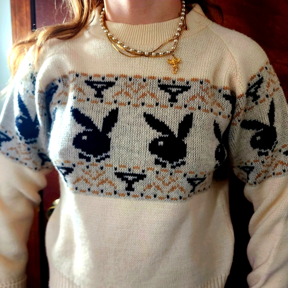 Vintage Playboy by Puritan All Wool Knit Beige Bunny Sweater Size M *EXCELLENT*